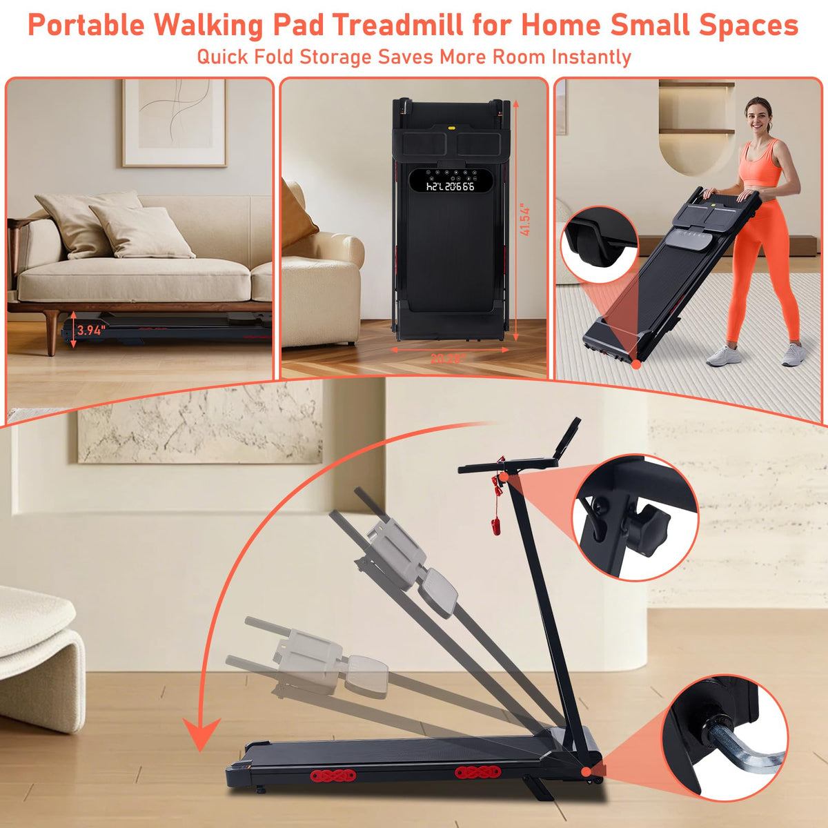 MCRG Portable Walking Pad Treadmill with Handle Bar Incline for Home Small, 3.5HP Electric Walking Pad Treadmill with Incline, Compact Mini Treadmill with Handles for Exercising, 0.6-10MPH, 400LBS