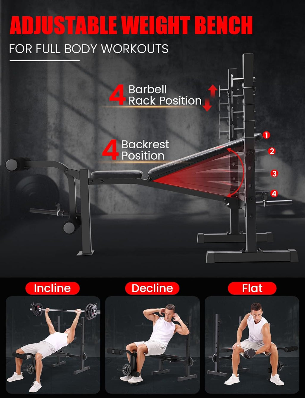 OPPSDECOR Foldable Weight Bench Set with Leg Extension and Curl, Squat Rack