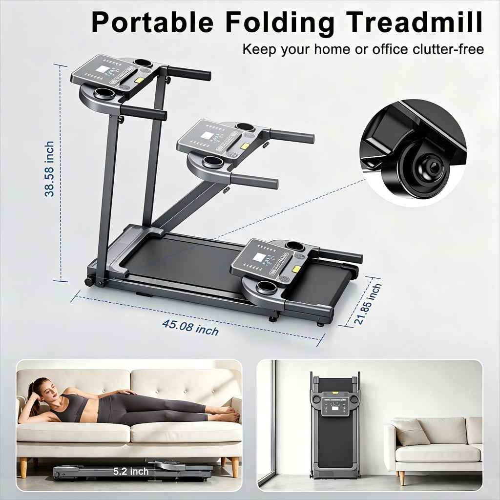 Treadmills for Home Walking Pad Machine- Foldable Treadmill with Handle Bar for Running Jogging Gym Compact Portable Small Caminadora Electrica Folding Quiet Tred Mills Motor & LED Dispay Pcrignbm