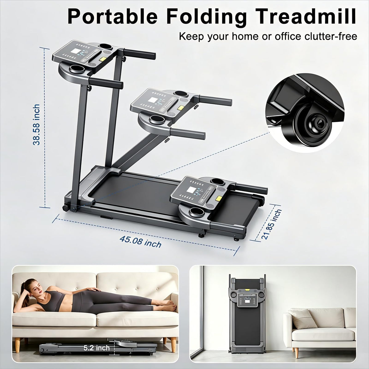 Treadmills for Home Walking Pad Machine- Foldable Treadmill with Handle Bar for Running Jogging Gym Compact Portable Small Caminadora Electrica Folding Quiet Tred Mills Motor & LED Dispay Pcrignbm