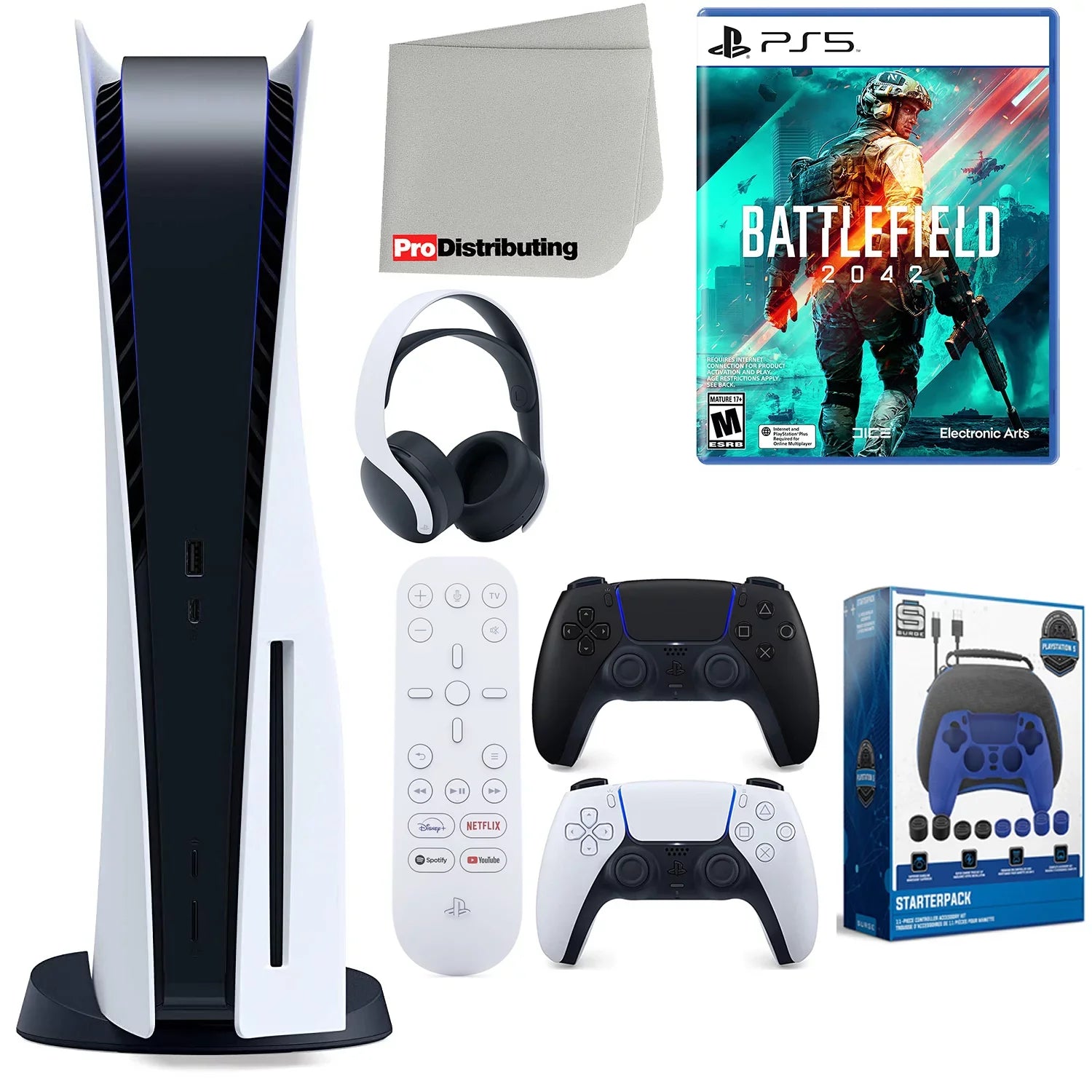 Sony Playstation 5 Disc Version (Sony PS5 Disc) with Midnight Midnight Extra Controller, Headset, Media Remote, Battlefield 2042, Accessory Starter Kit and Microfiber Cleaning Cloth Bundle