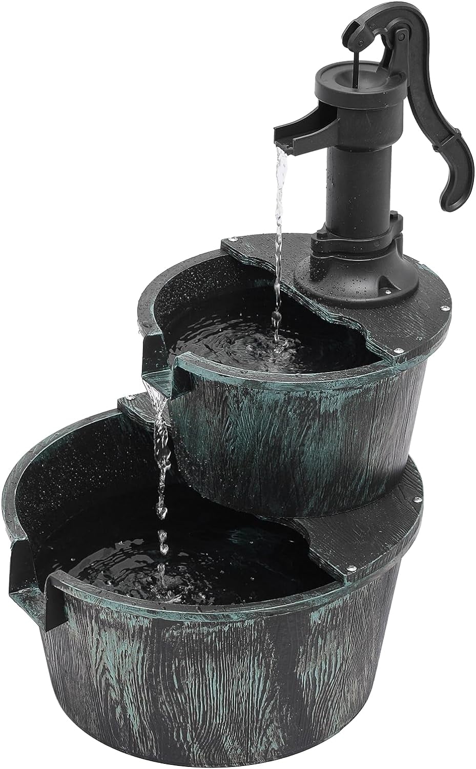 2-Tier Outdoor Water Fountain Freestanding Rustic Cascading Waterfall Fountain With Electric Pump For Garden Patio Backyard Porch Decor, Teal Blue