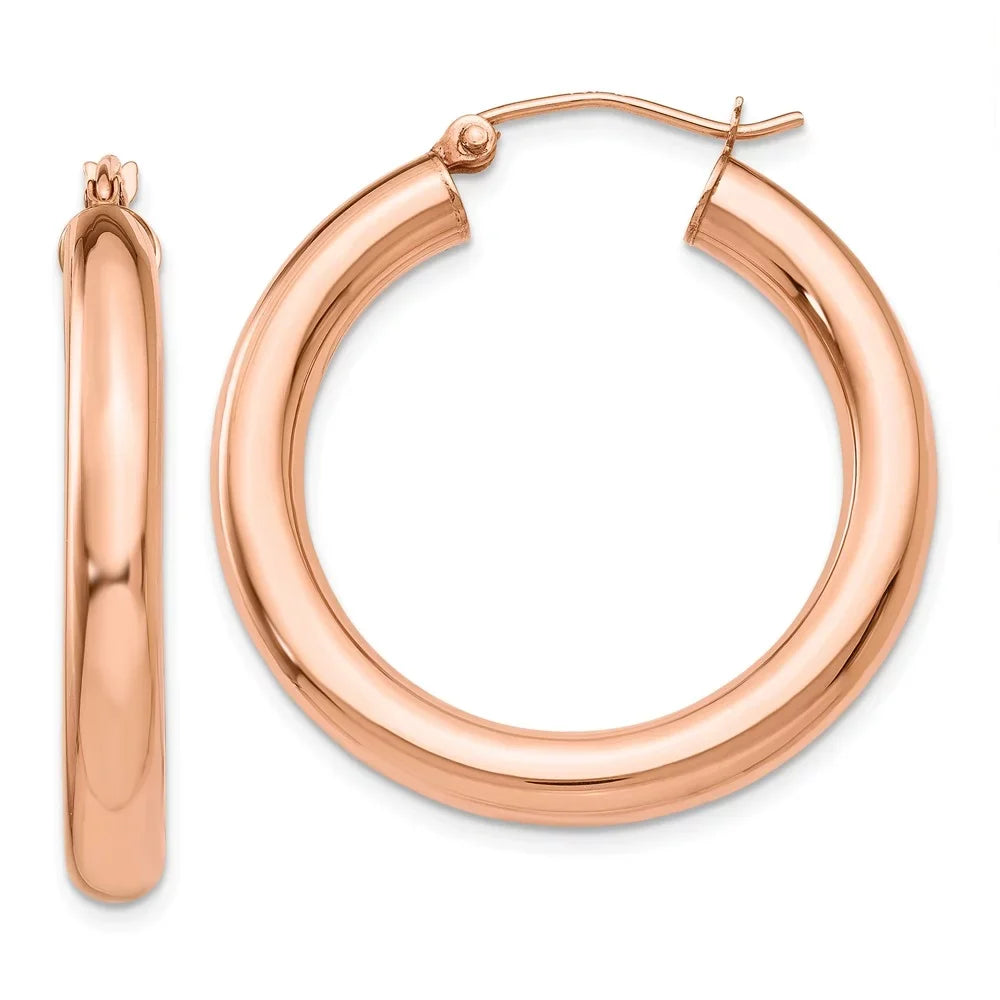 Real 14kt Rose Gold Polished 4mm Tube Hoop Earrings; for Adults and Teens; for People and People
