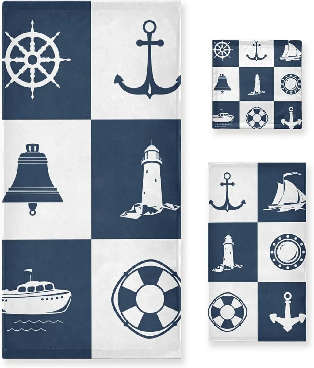 Dreamtimes Bath Towel Sets for Bathroom Hand Towels Fingertip Towels Sailing Vessel Anchor Lighthouse Checked 3 Piece Decorative Soft Cotton Absorbent