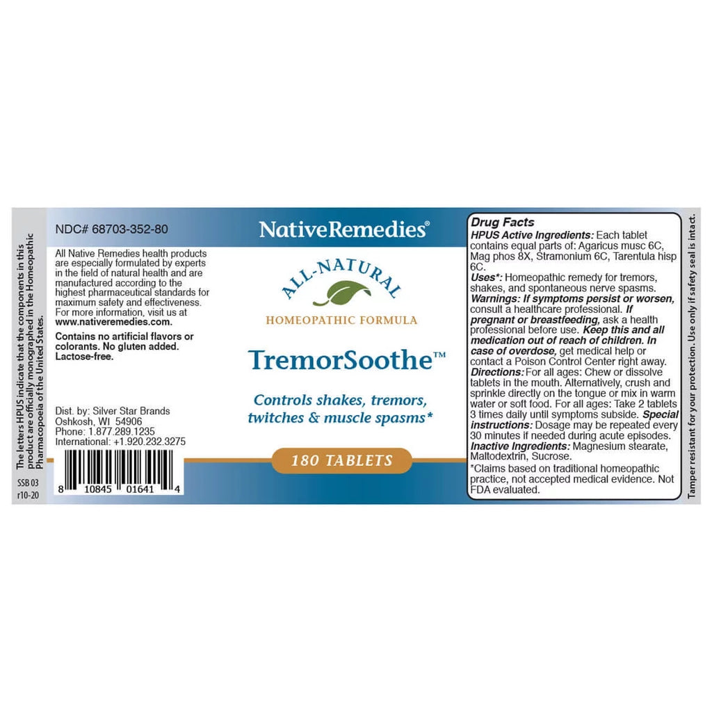 NativeRemedies TremorSoothe - Natural Homeopathic Formula to Temporarily Control Shakes, Tremors, Muscle Spasms and Twitches -180 Tablets