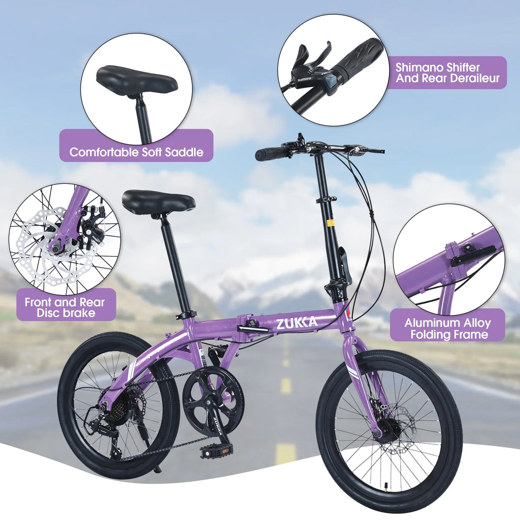 20" Folding Bike, 8 Speed City Bicycle, Aluminium Alloy Frame, Purple