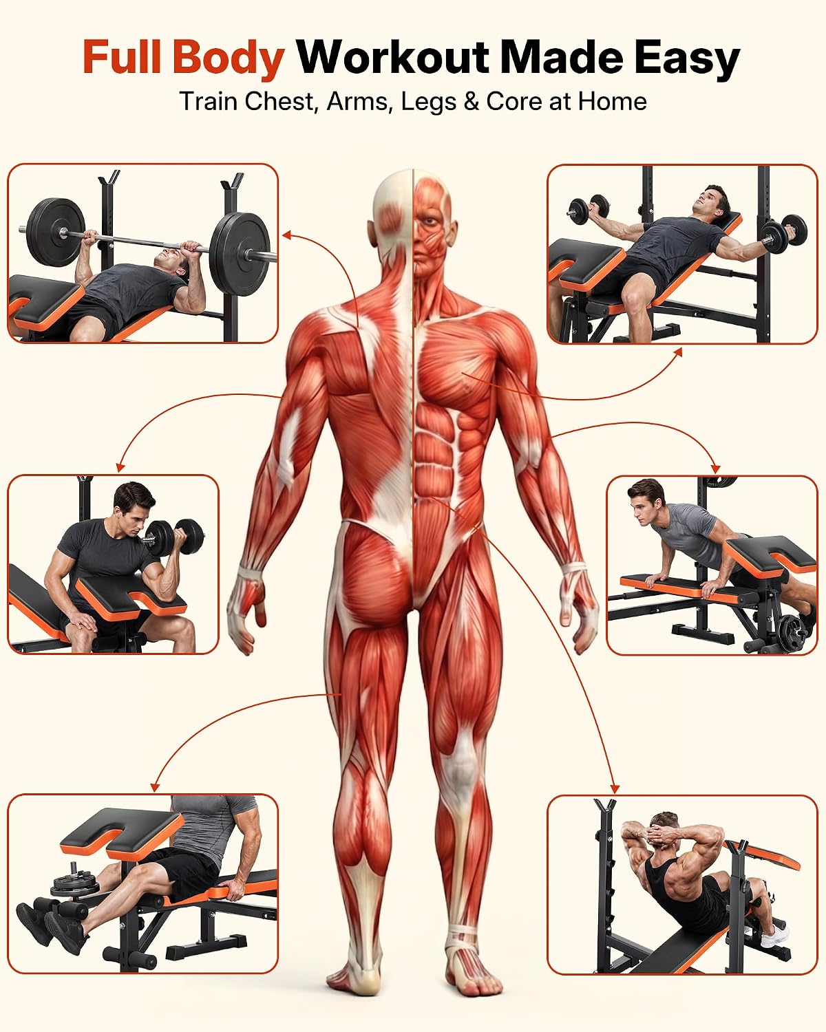 YOLEO 6-in-1 Weight Bench Set, 880LBS Adjustable Bench with Rack & Curl Pad