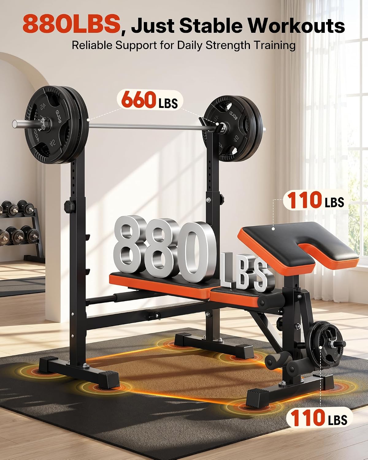 YOLEO 6-in-1 Weight Bench Set, 880LBS Adjustable Bench with Rack & Curl Pad