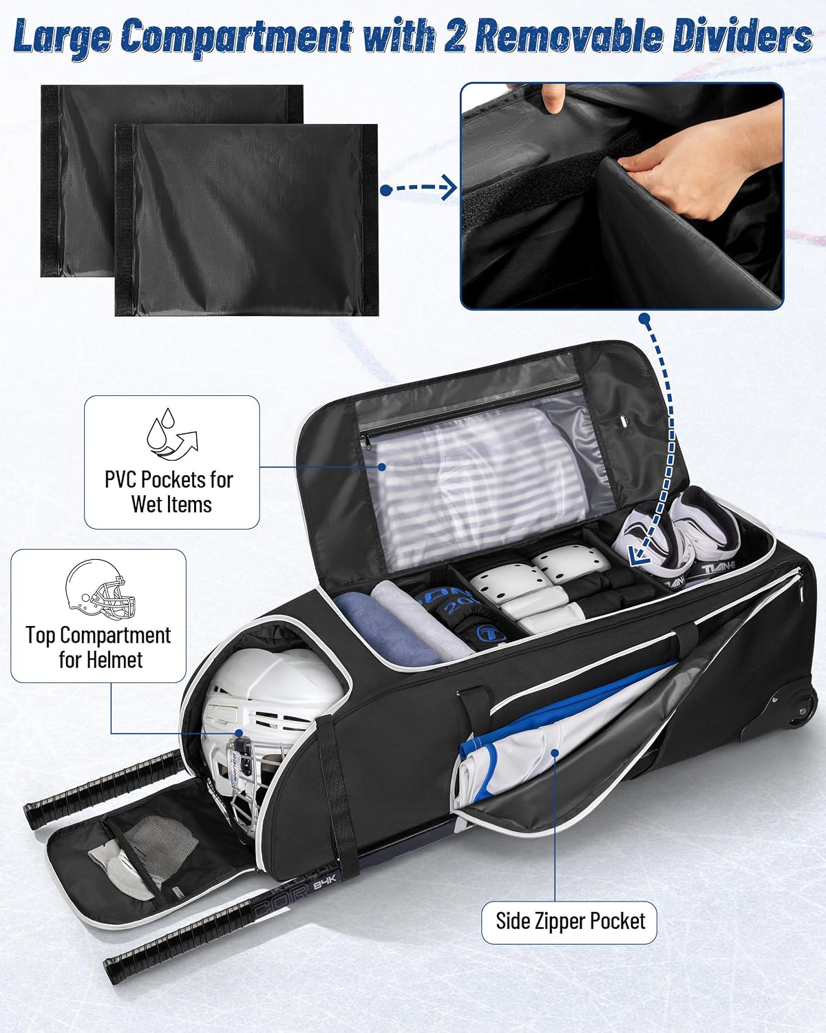 CURMIO Hockey Bag with Wheels, 38-Inch Rolling Ice Hockey Travel Bag