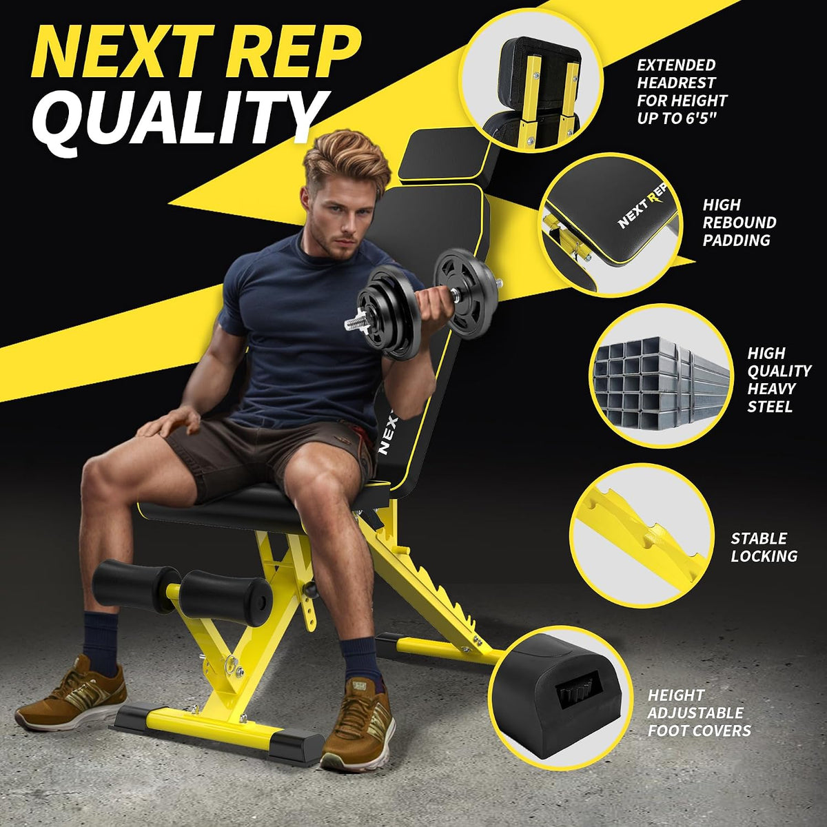 Adjustable Weight Bench,1000 LB Fast Folding Workout Bench for Home Gym Strength Training, Incline Decline Flat Utility Bench Press for Full Body Workout, Upright Storage Yellow Exercise Bench