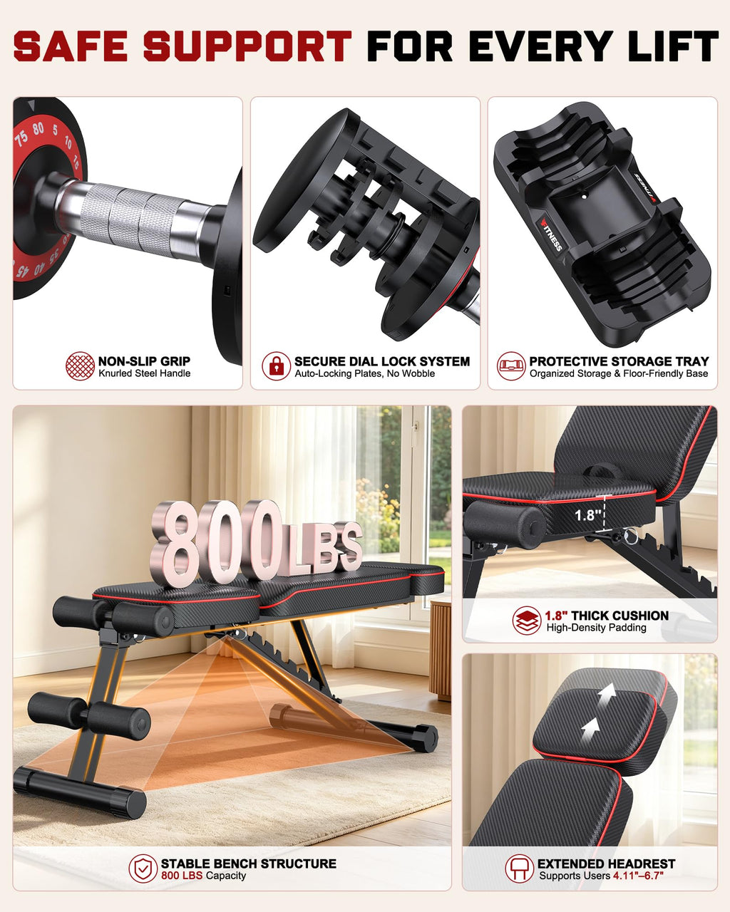 Rendpas Adjustable Dumbbell Set with Workout Bench at Home