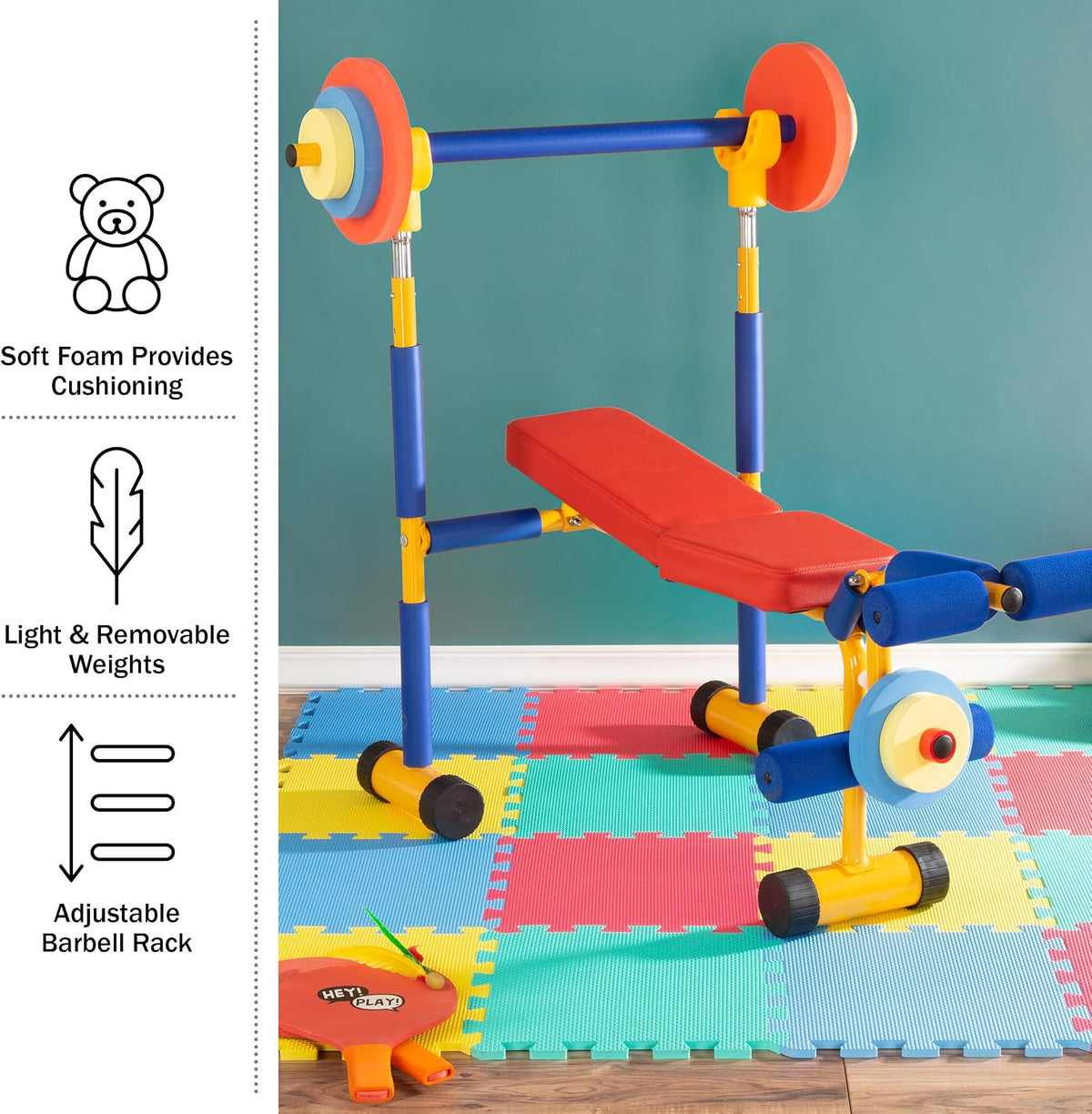 Hey! Play! Kids Exercise Equipment Collection: Strength Training, Cardio, Endurance, and Active Play Essentials - Kids Weight Bench Set