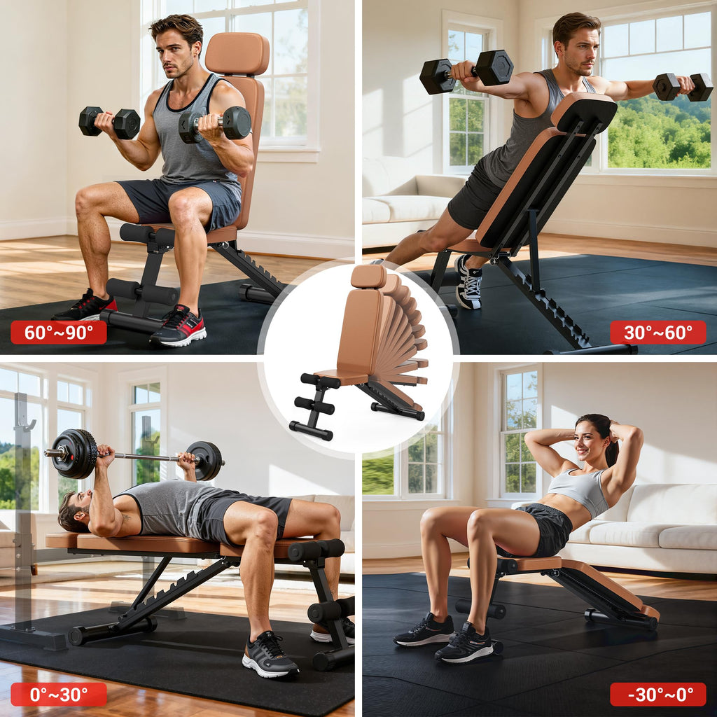 XDDIAS Workout Bench, 10 Backrests Adjustable Weight Bench with Extended Headrest, 800LBS Foldable Weight Bench for Home Gym, Incline Decline Flat Bench Compact for Small Space Training