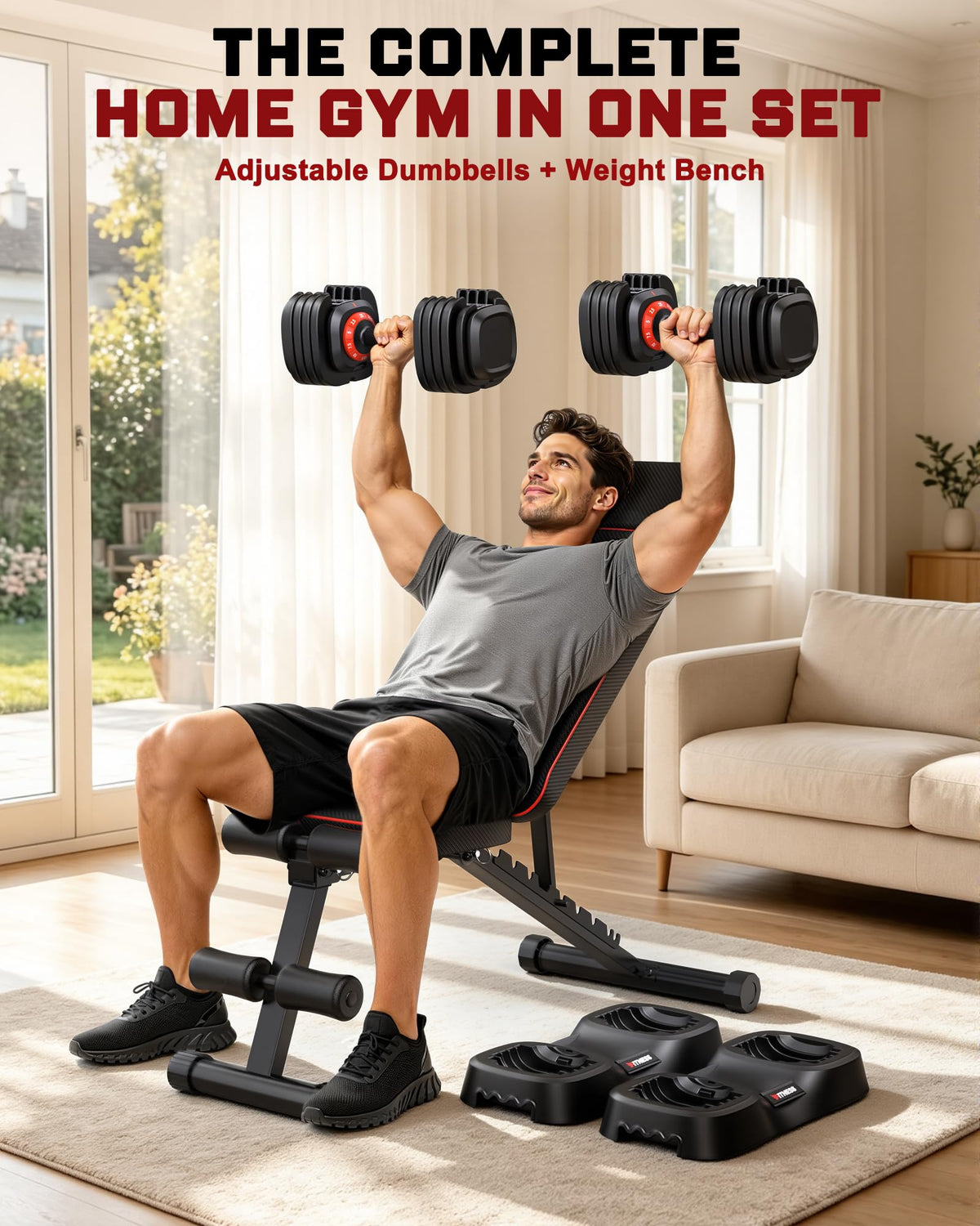Rendpas Adjustable Dumbbell Set with Workout Bench at Home
