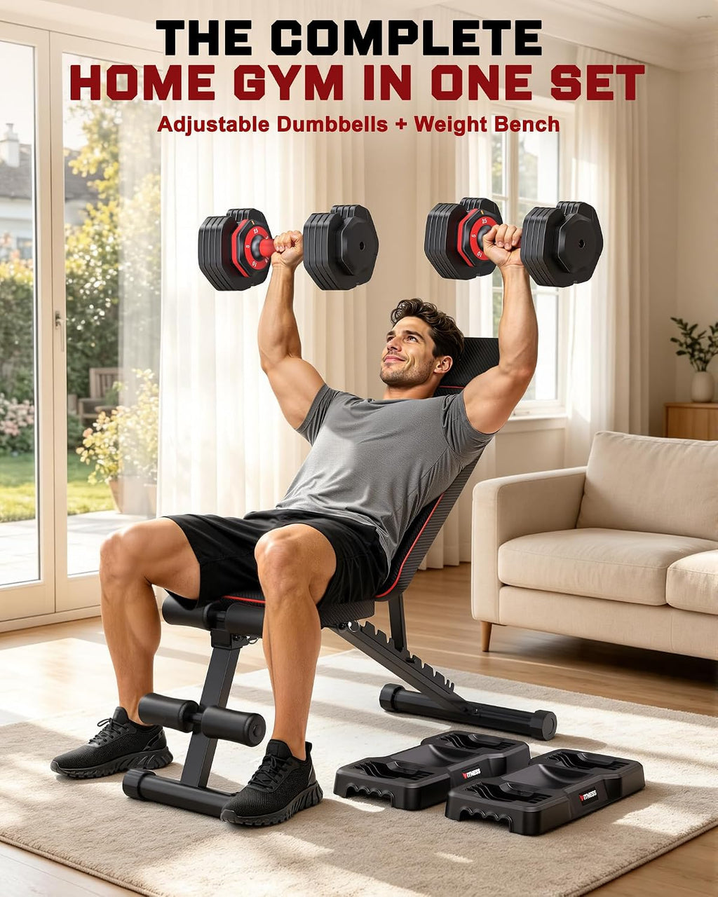 Rendpas Adjustable Dumbbell Set with Workout Bench at Home