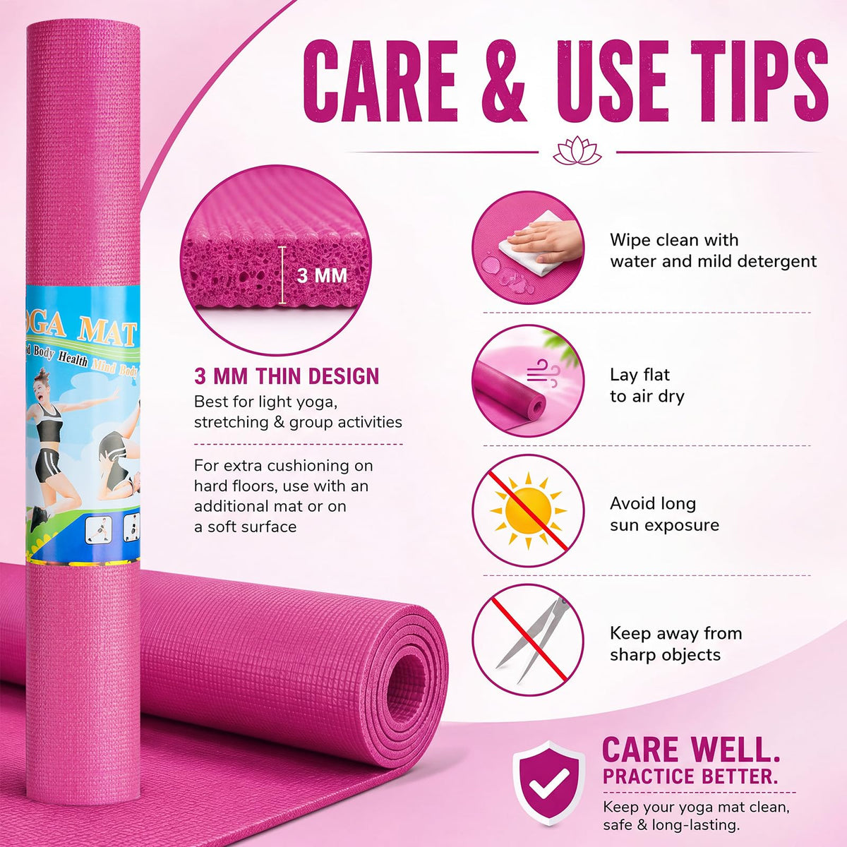 Funtery 3 mm Thin Yoga Mats Bulk, 68 x 24 in