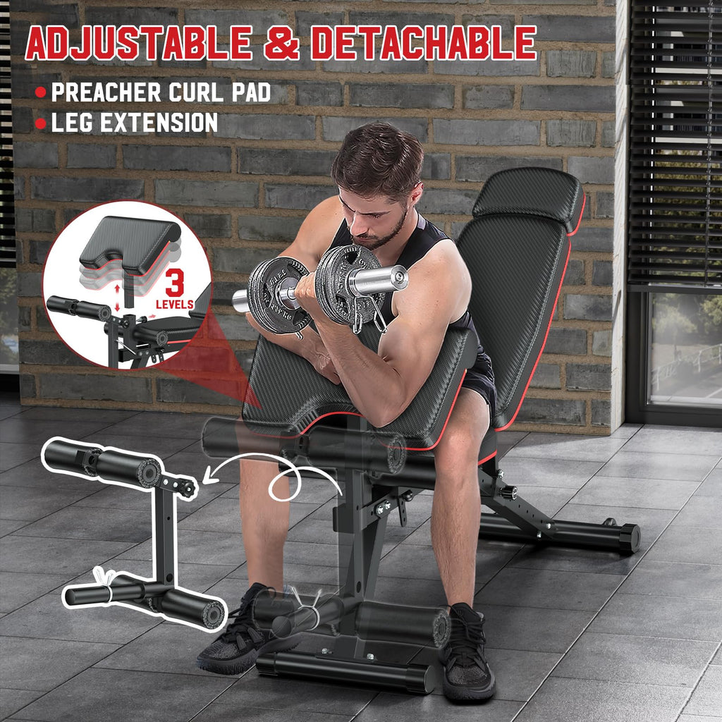 XDDIAS Workout Bench, Adjustable Weight Bench with Leg Extension and Leg Curl, Extended Headrest, 900LBS Preacher Curl Bench Incline Decline Flat Workout Bench for Home Gym Full Body Exercise