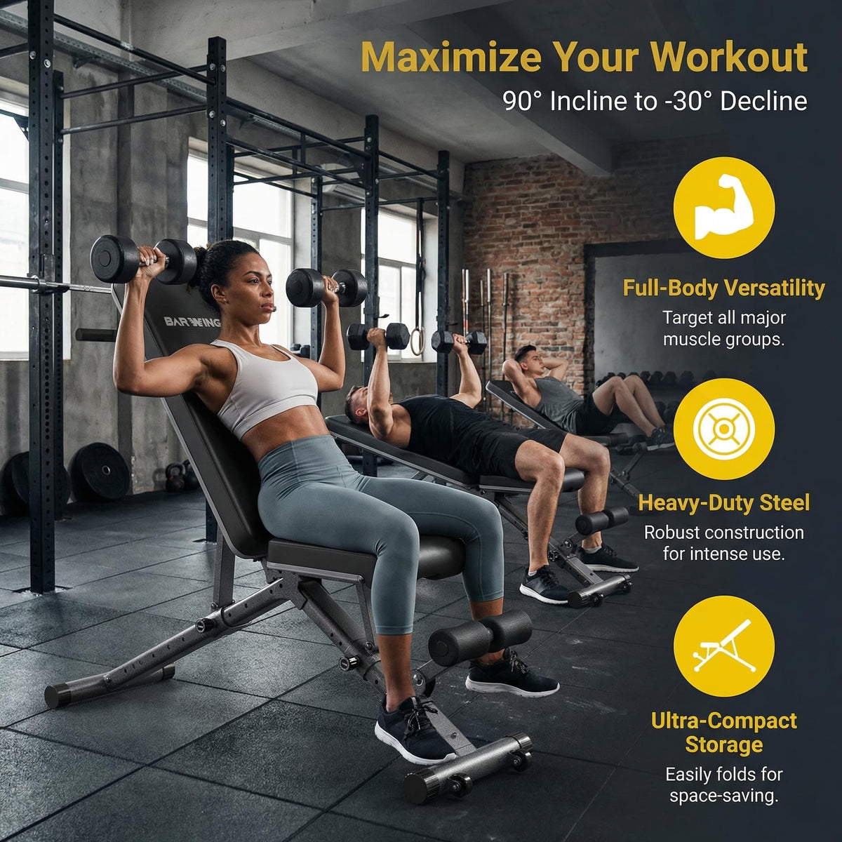 BARWING Adjustable Weight Bench Workout Bench, 1000/1300 LBS Heavy Duty Incline Decline Bench for Home Gym, Easy Assembly Foldable Training Lifting Bench