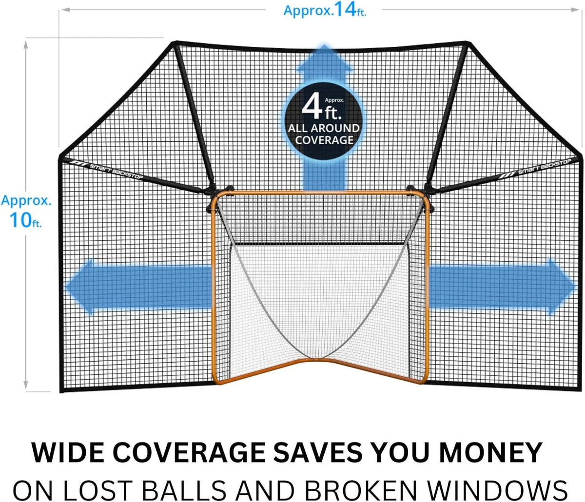 SmartBackstop for Lacrosse, Practice SmartÂ®. Attaches Directly to Goal & Folds Away When not in use, 14 x 10 ft of Durable net Coverage, fits All Round & Square Corner Regulation 6 x 6 Goals.