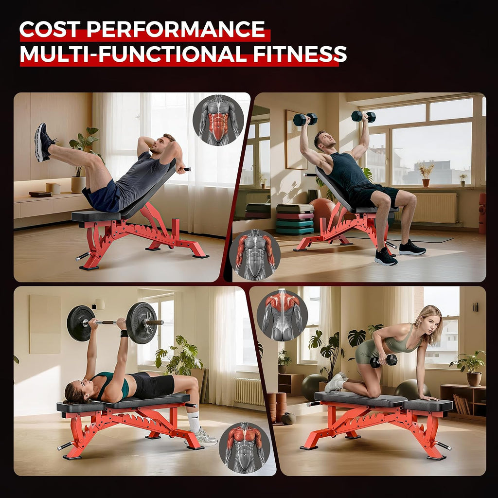 Weight Bench, Adjustable Workout Bench for Home Gym Full Body Workout, 1300LBS Weight Capacity Bench Press, Flat/Incline Bench with 33" Extra-Long Backrest & Wheels