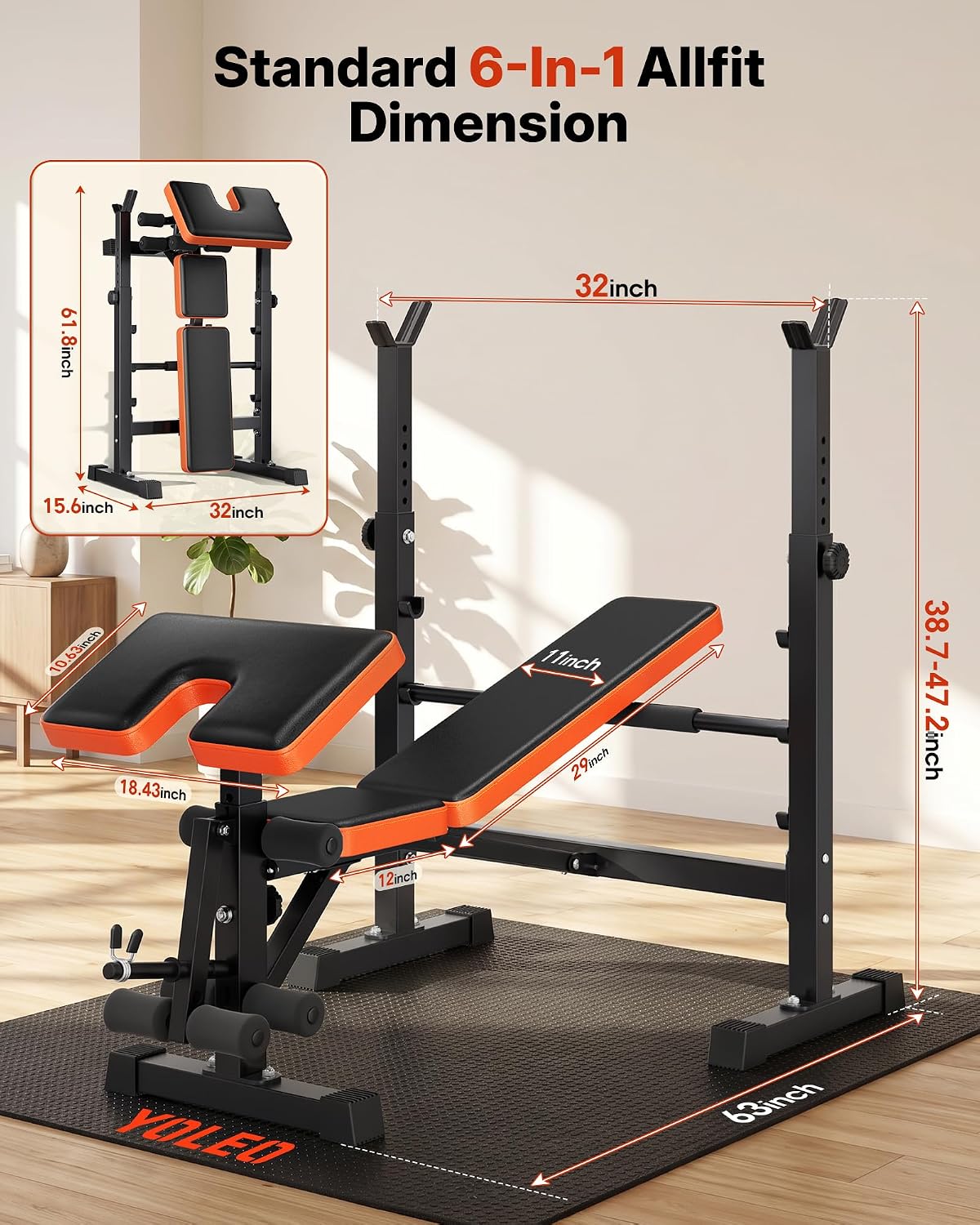 YOLEO 6-in-1 Weight Bench Set, 880LBS Adjustable Bench with Rack & Curl Pad