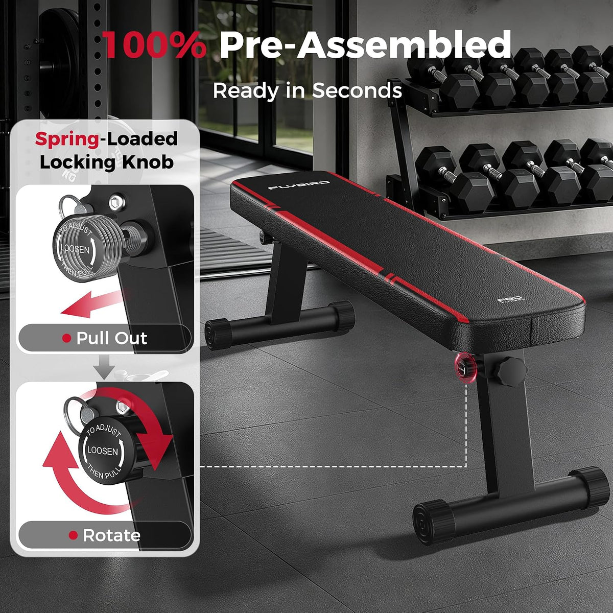 FLYBIRD Foldable Flat Weight Bench for Home Gym, 1000 lbs Capacity with Dual Locking for Strength Training, Easy Setup & Storage for Small Apartments, Lifting, Hip Thrust, Dumbbell Workout