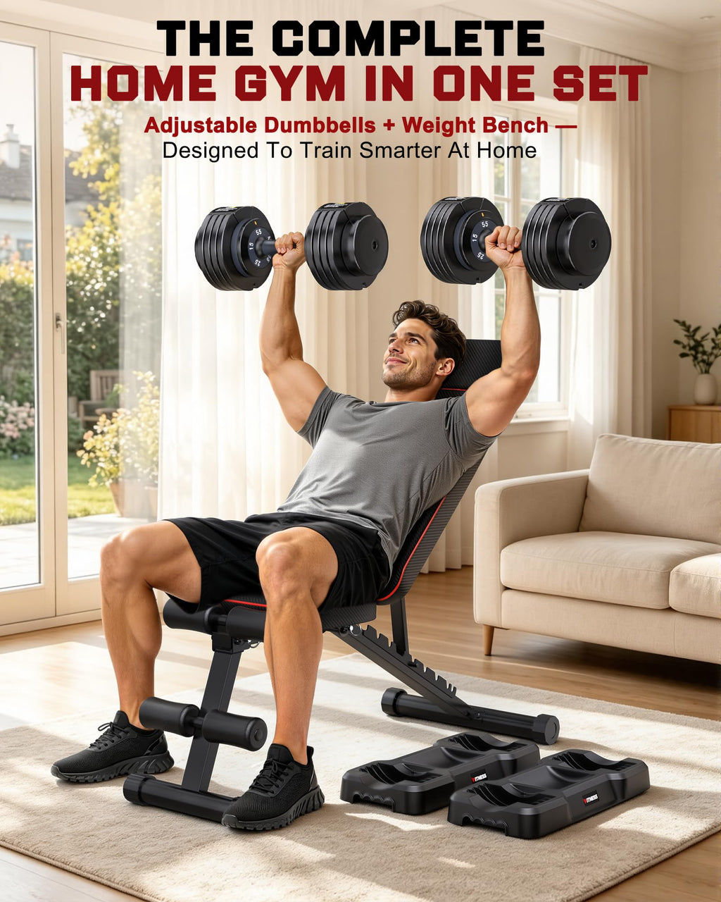 Rendpas Adjustable Dumbbell Set with Workout Bench at Home