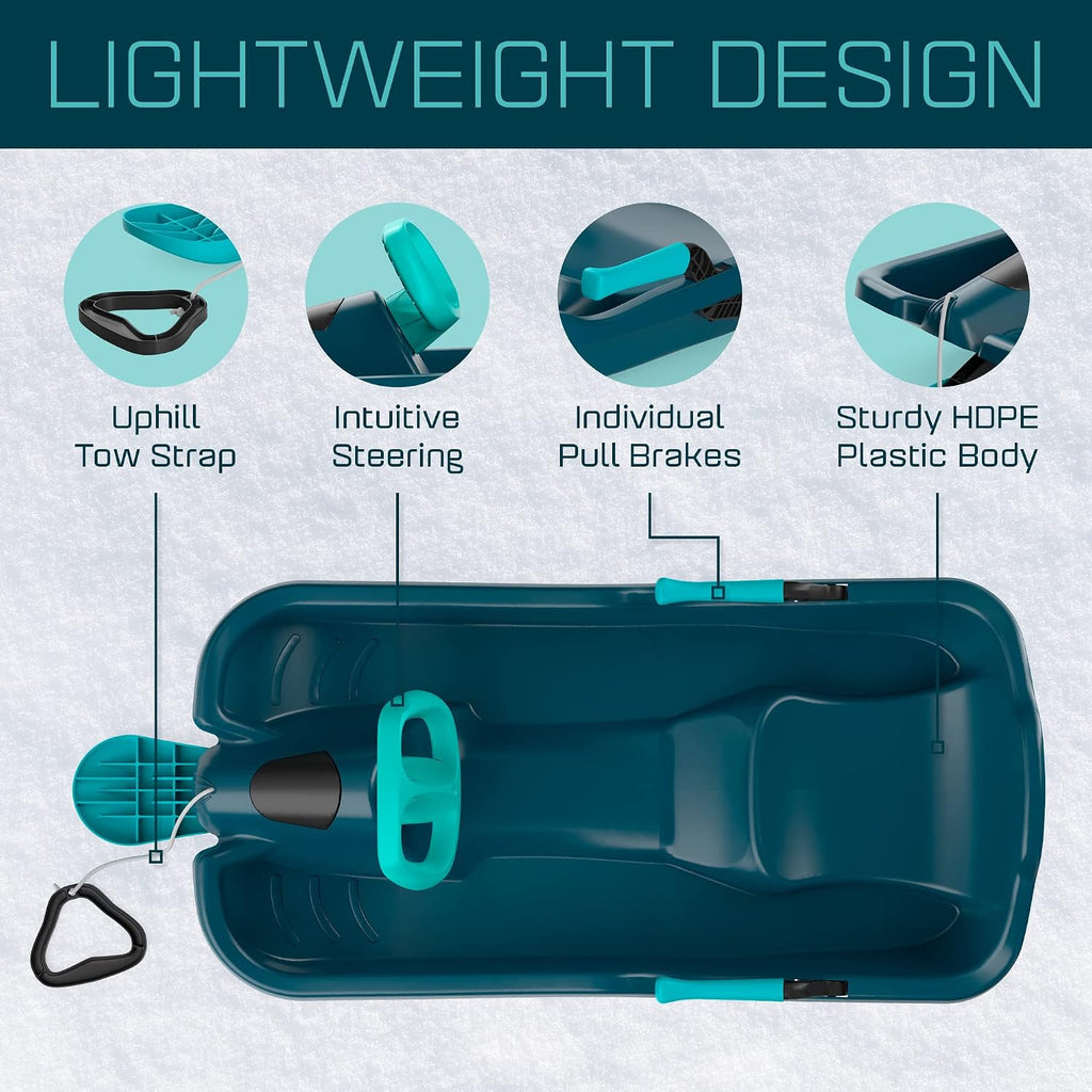 Durable Kids' Toboggan Sleds - Plastic, Lightweight, Winter Snow Sleds with Tow Strap & Pull-Up Brakes