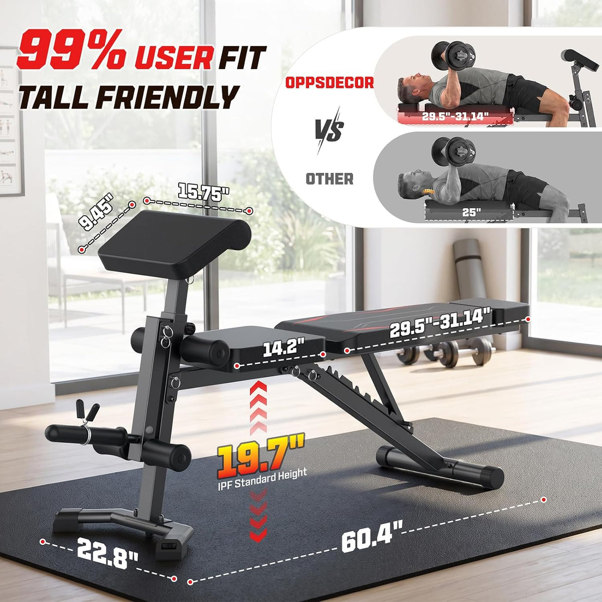 OPPSDECOR Adjustable Weight Bench with Leg Extension and Preacher Curl Pad