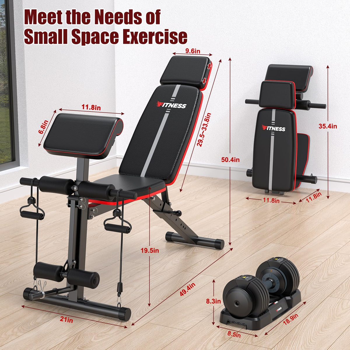 XDDIAS Adjustable Weight Bench, Workout Bench with Leg Extension and Preacher Curl Pad, Weight Bench for Home Gym, Foldable Exercise Bench, Quick Adjustment Incline Bench Press