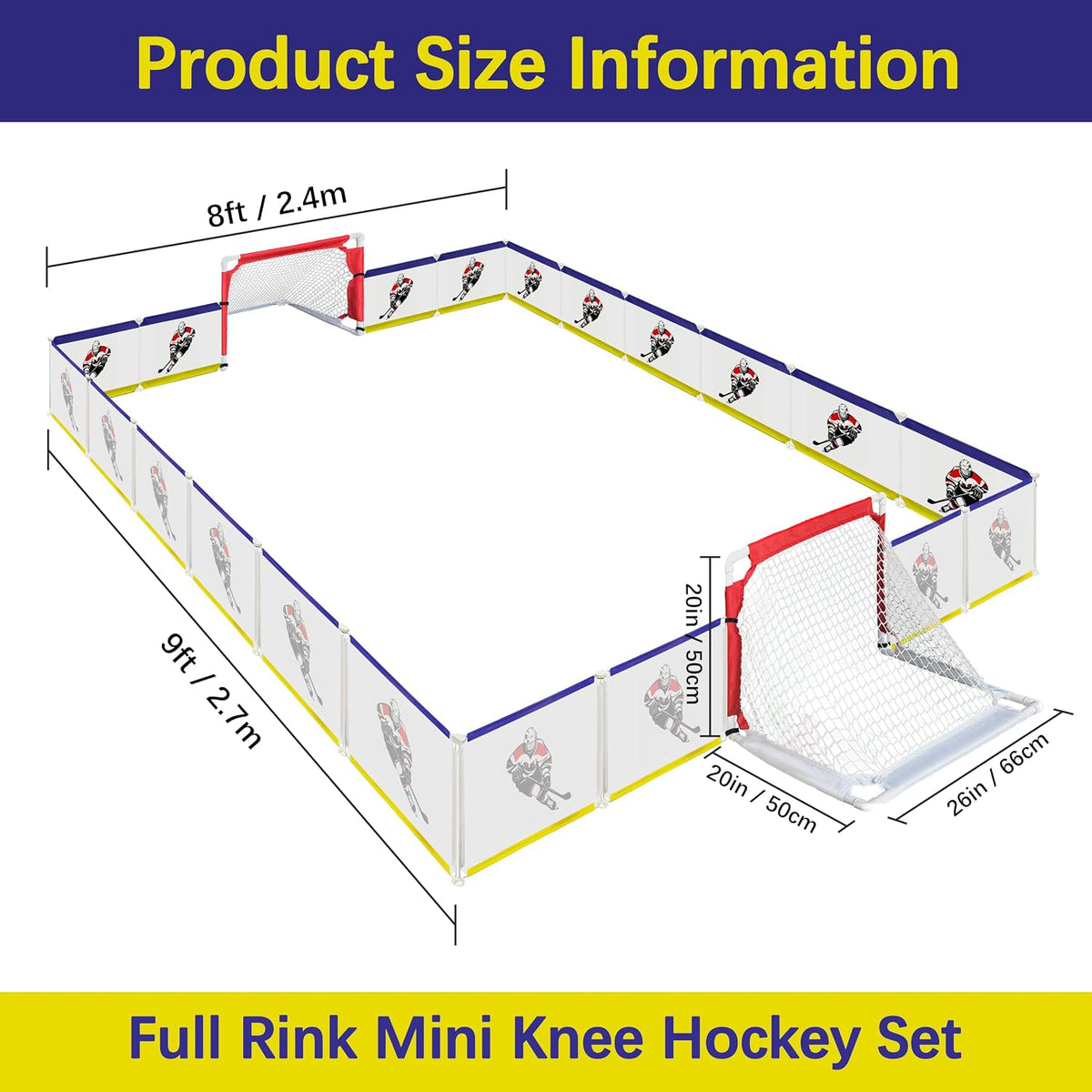 Indoor Mini Knee Hockey Set - Full Rink 9x8ft Goal Set, Easy Assembly and Disassembly, Ideal Hockey Gift for Home and Playroom