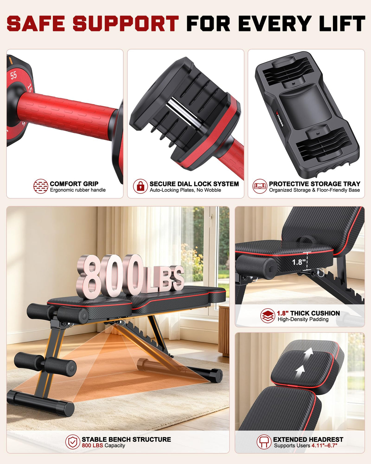Rendpas Adjustable Dumbbell Set with Workout Bench at Home