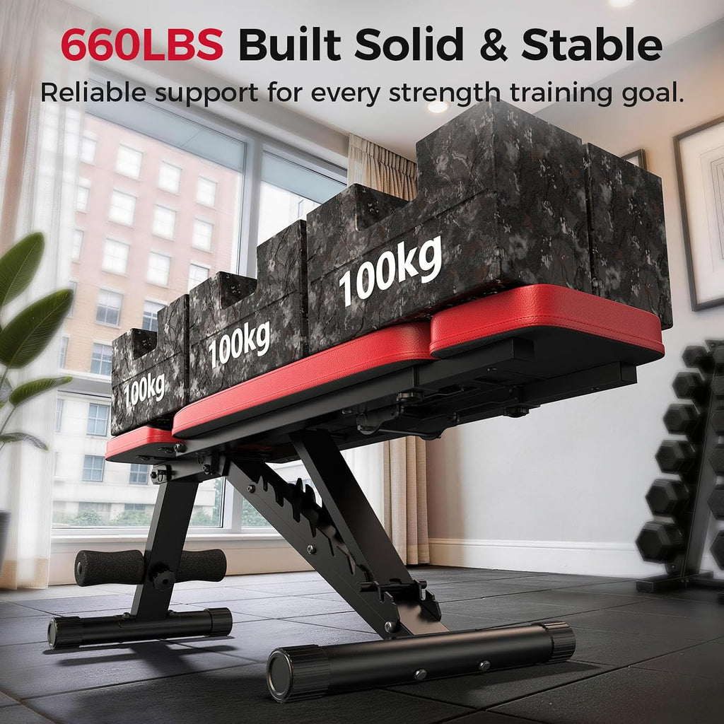 Nicepeople Adjustable Weight Bench up to 6'2", Dual-Support & ASTM-Tested Workout Bench & 10 Backrests for Chest Shoulders Arms for Home Gym, 660LBS Capacity but Compact and Foldable Strength Bench Apartment Room
