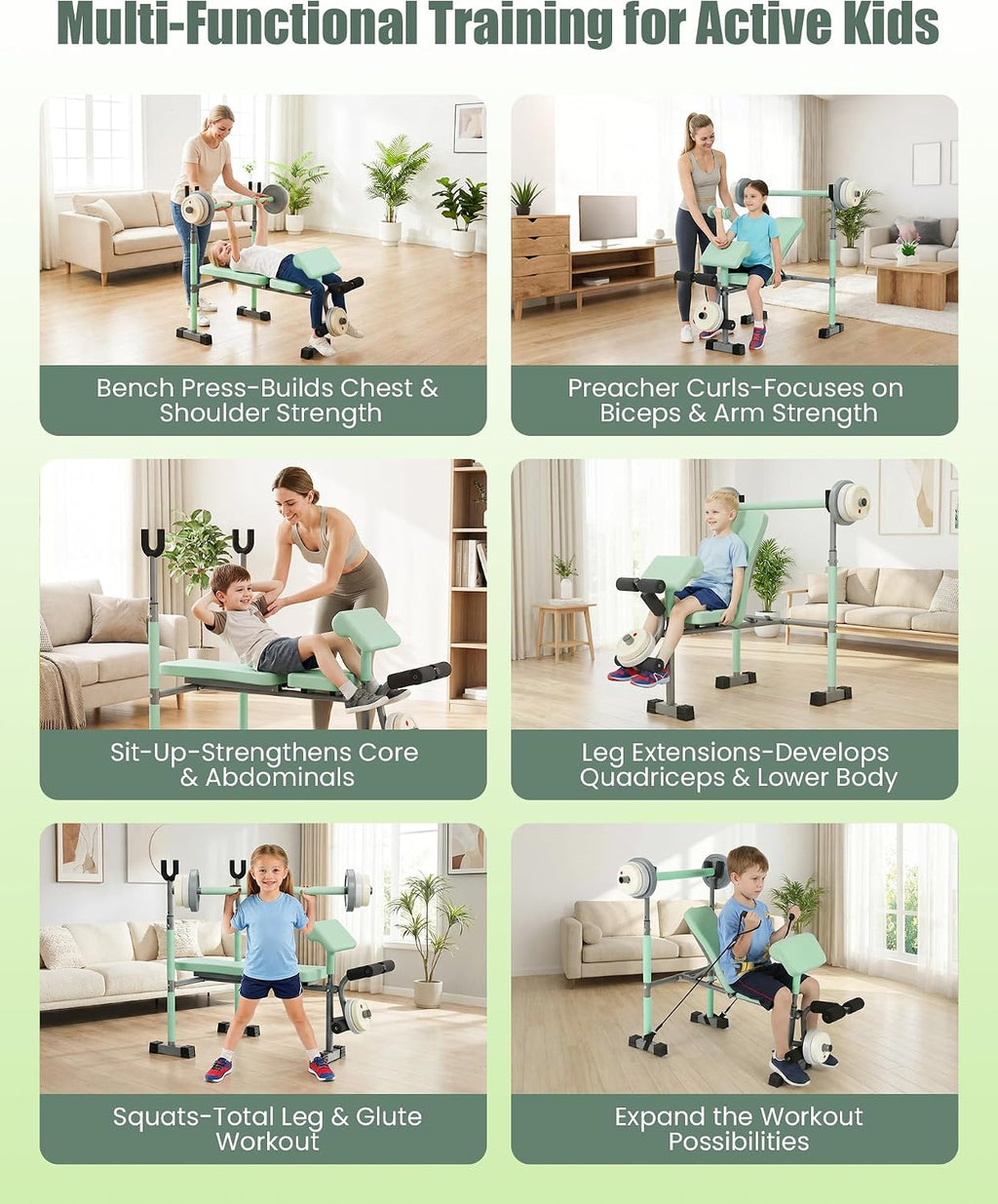 Kids Workout Equipment, Adjustable Kids Workout Bench with Preacher Pad & Leg Developer, Fillable Weight Plates for Home Gym Fitness & Exercise