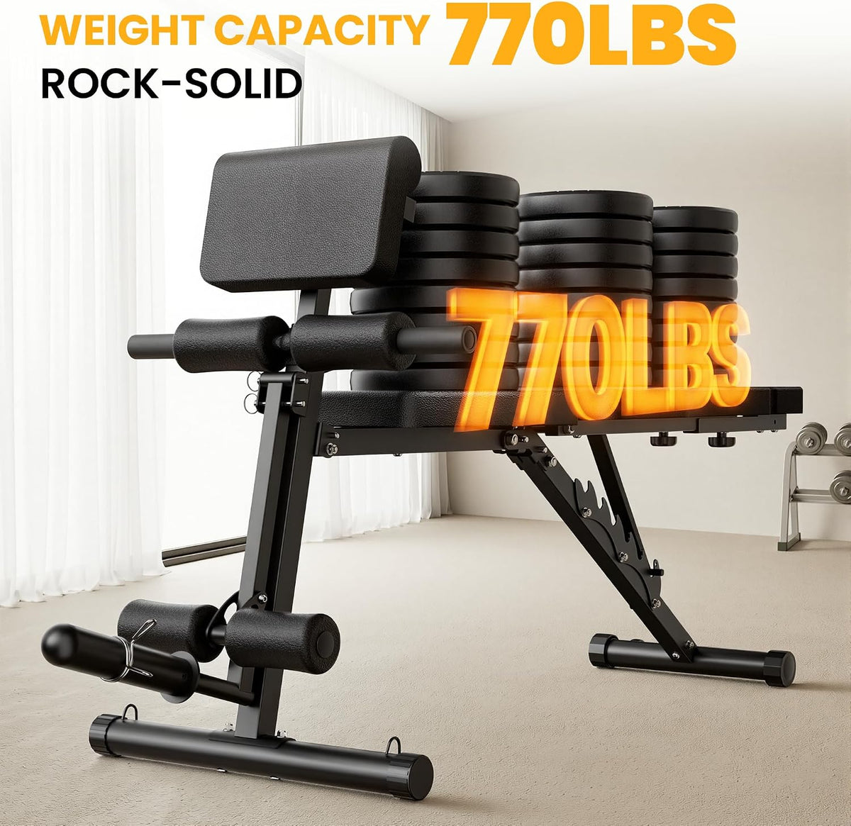Steelite Adjustable Weight Bench for Home Gym, Foldable Workout Bench with Leg Extension and Leg Curl, 770 LBS Multi-Function Preacher Curl Weight Bench for Full Body Training Fitness, Incline Decline Flat Sit Up Bench Home Gym Equipment with Wheels for B