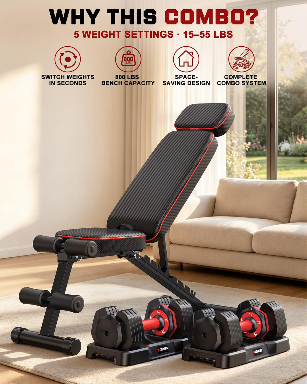 Rendpas Adjustable Dumbbell Set with Workout Bench at Home