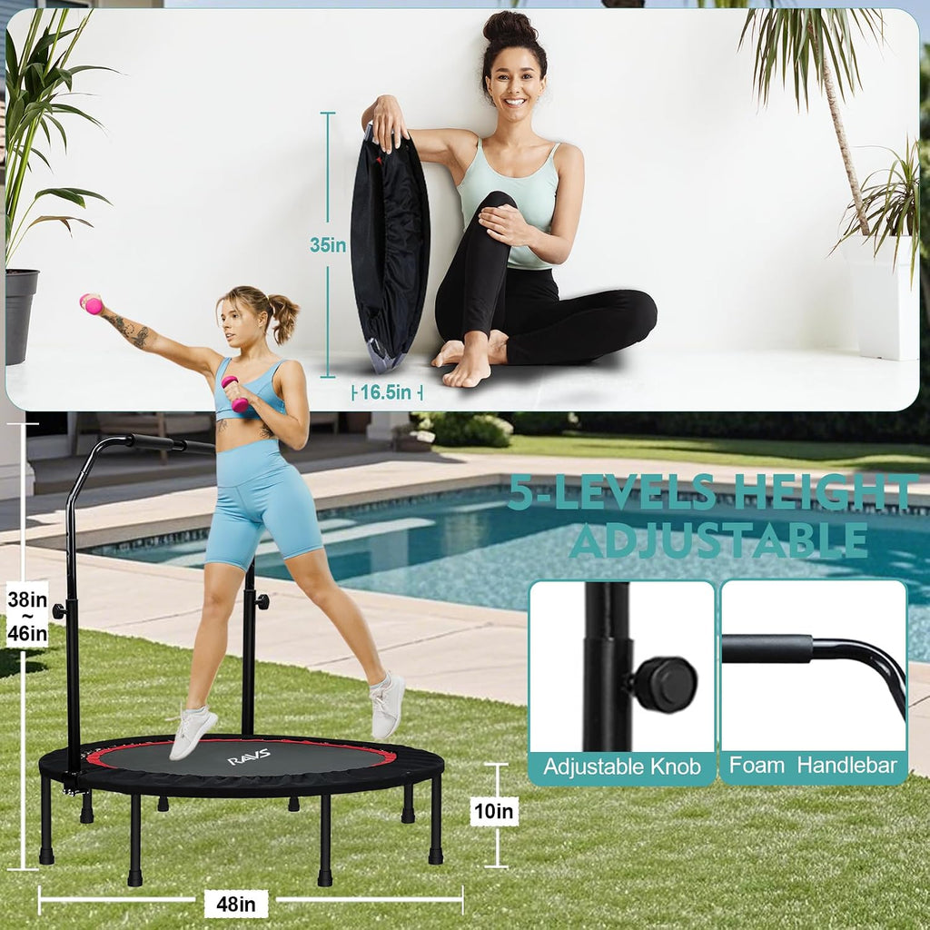 RAVS 40/48" Foldable Rebounder Trampoline for Adults, Handlebar, Indoor