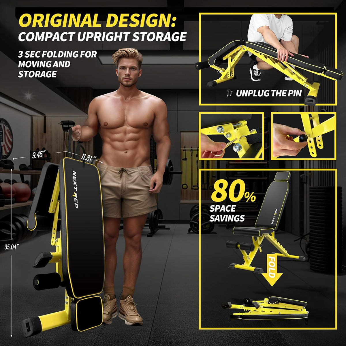 Adjustable Weight Bench,1000 LB Fast Folding Workout Bench for Home Gym Strength Training, Incline Decline Flat Utility Bench Press for Full Body Workout, Upright Storage Yellow Exercise Bench