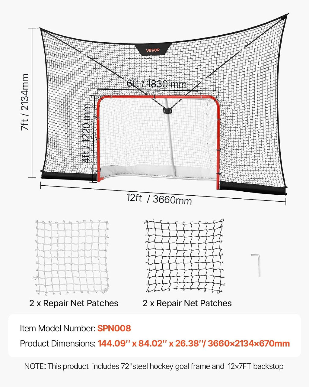 VEVOR Hockey Goal Goal and Backstop Net Set, 12x7 ft Durable Hockey Net with Extended Coverage, Lightweight Portable Complete Training Accessory Set, Easy Assembly, for Youth and Adults