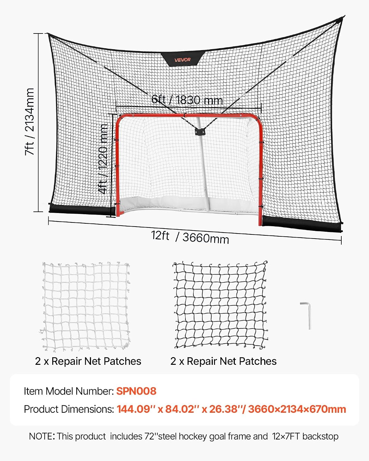 VEVOR Hockey Goal Goal and Backstop Net Set, 12x7 ft Durable Hockey Net with Extended Coverage, Lightweight Portable Complete Training Accessory Set, Easy Assembly, for Youth and Adults