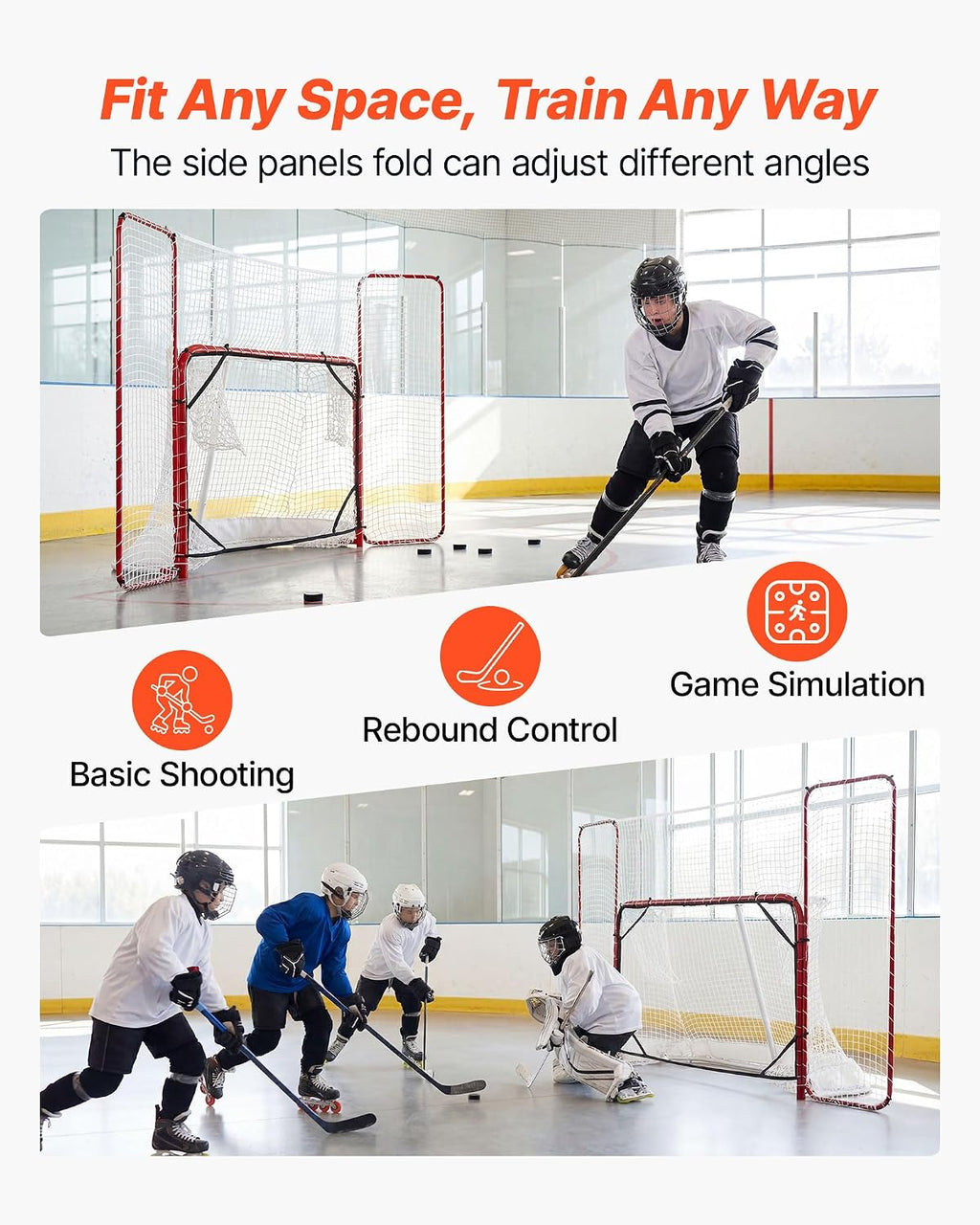 VEVOR Hockey Goal with Backstop and Targets, 10x6FT Street Steel Hockey Goal Set, Pro Lightweight and Portable Training Equipment, Durable Net for Indoor & Outdoor Use, Easy Assembly, White/Red