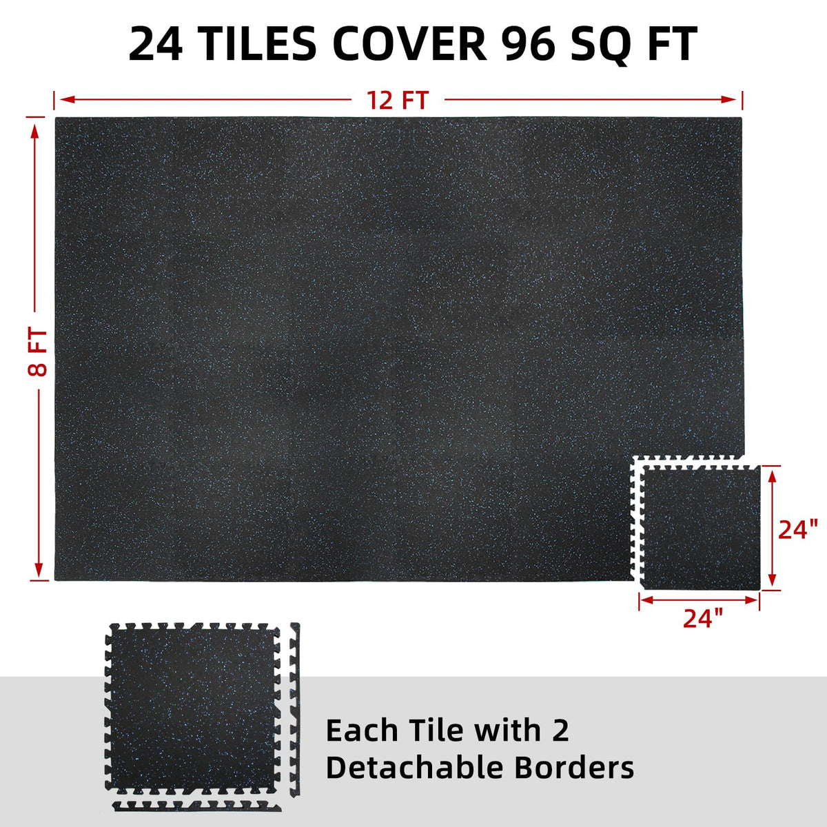 0.56in Thick 48 Sq Ft Exercise Equipment Mats, 12 Tiles Rubber Top EVA Foam Workout Mats, Interlocking Gym Flooring for Home Gym, 24 x 24in, Black & Blue