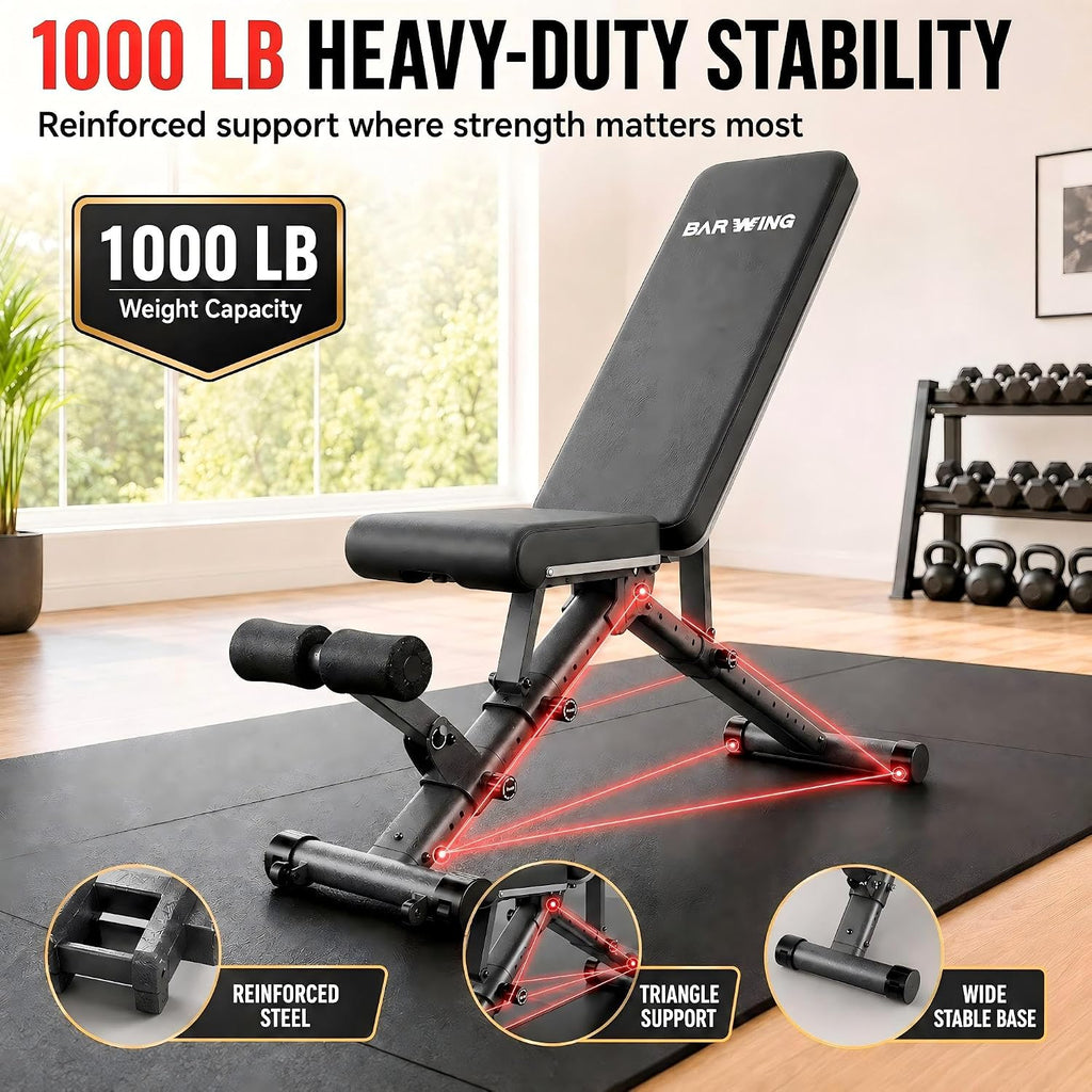 BARWING Adjustable Weight Bench Workout Bench, 1000/1300 LBS Heavy Duty Incline Decline Bench for Home Gym, Easy Assembly Foldable Training Lifting Bench
