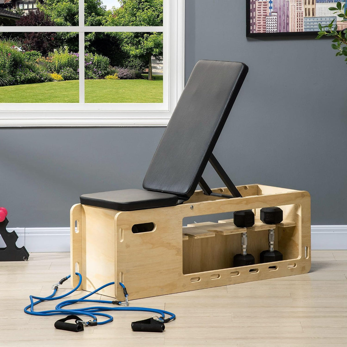 Soozier Adjustable Weight Bench Workout Bench Storage Rack Resistance Rope