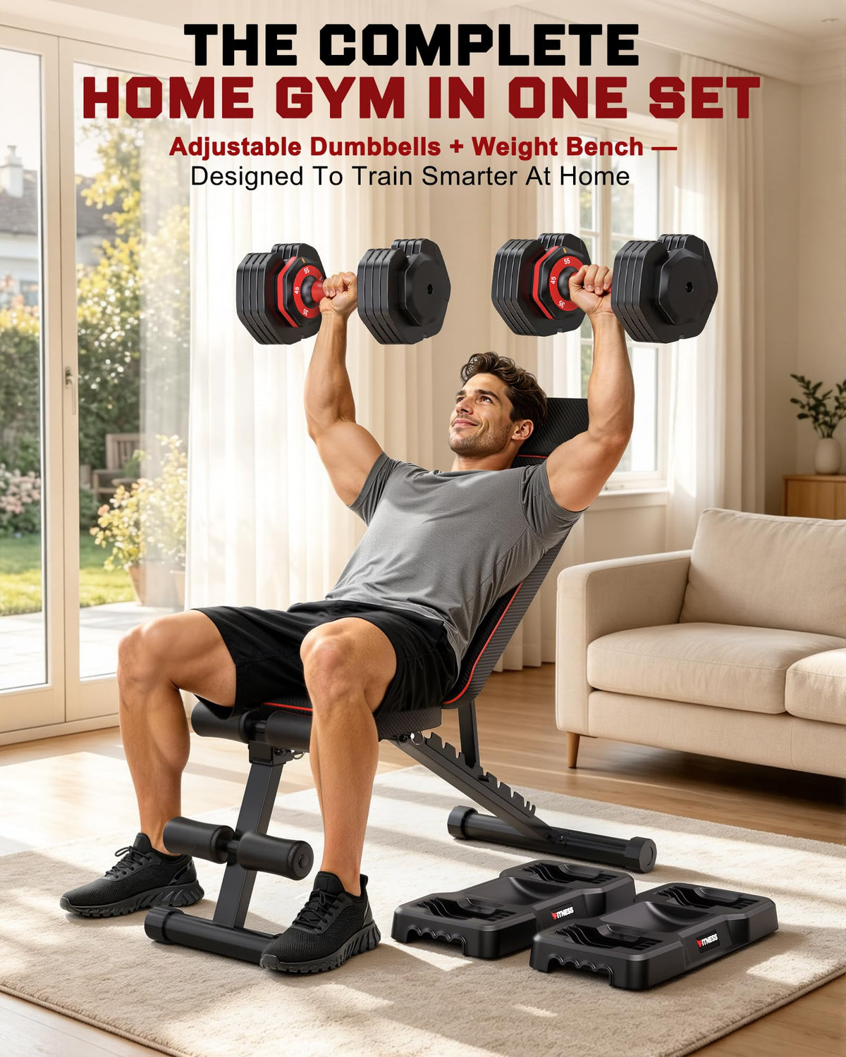Rendpas Adjustable Dumbbell Set with Workout Bench at Home