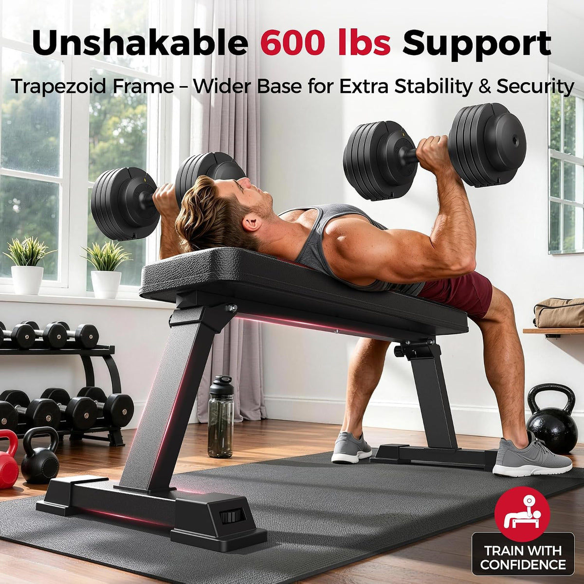 FLYBIRD Foldable Flat Weight Bench for Home Gym, 600 lbs Capacity with Dual Locking for Strength Training, Easy Setup & Storage for Small Apartments, Lifting, Hip Thrust, Dumbbell Workout