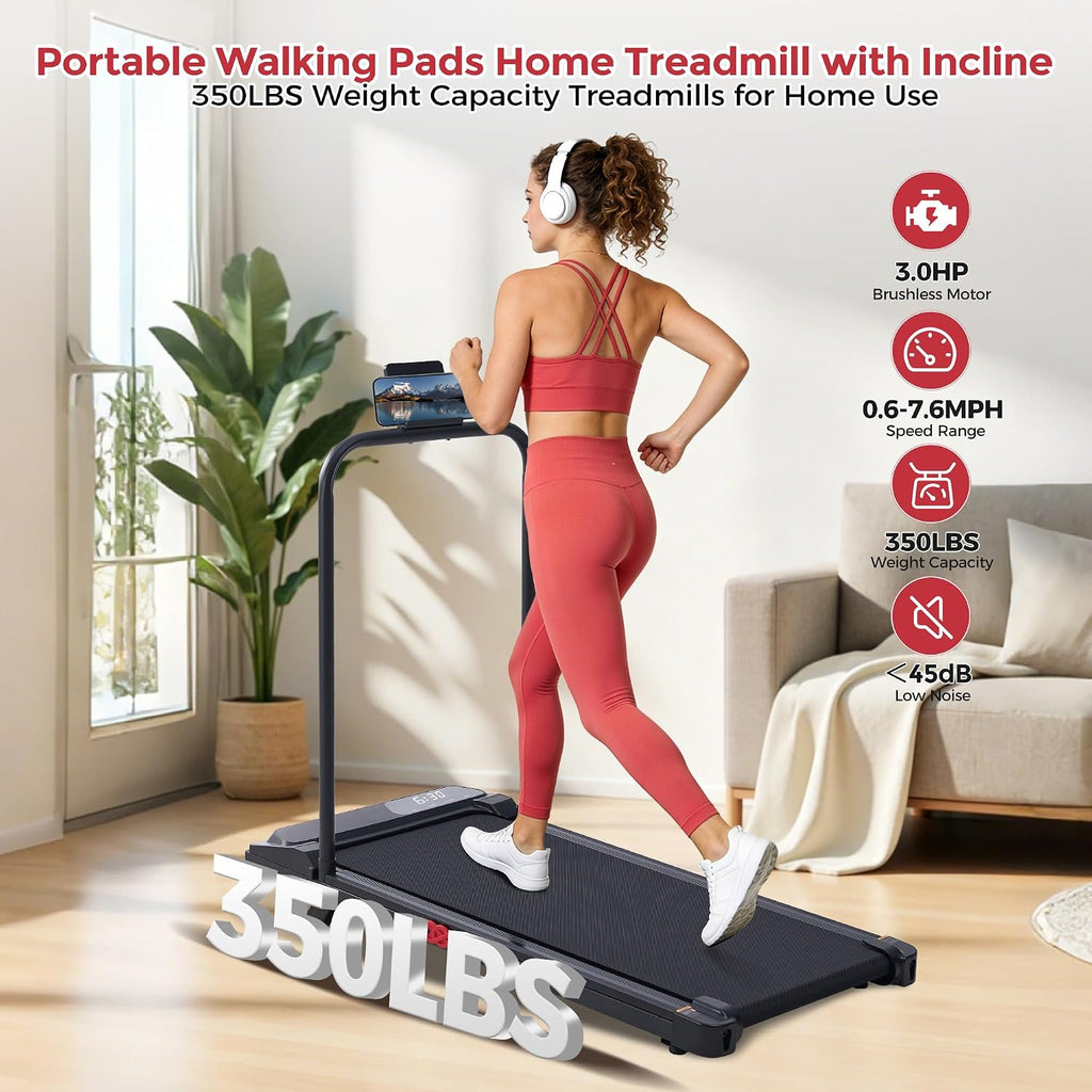 MCRG Portable Walking Pad Treadmill with Handle Bar Incline for Home Small, 3.5HP Electric Walking Pad Treadmill with Incline, Compact Mini Treadmill with Handles for Exercising, 0.6-10MPH, 400LBS