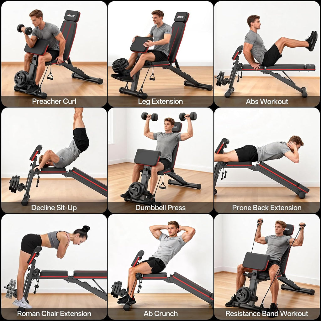 JOROTO Adjustable Weight Bench, Leg & Back Extension, Preacher Curl Bench