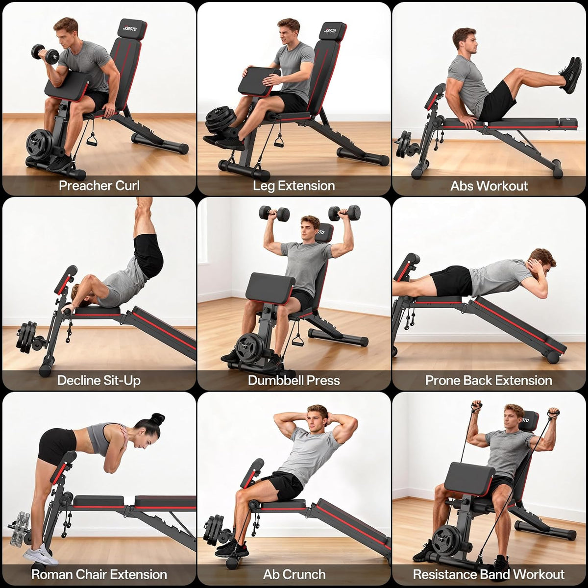 JOROTO Adjustable Weight Bench, Leg & Back Extension, Preacher Curl Bench