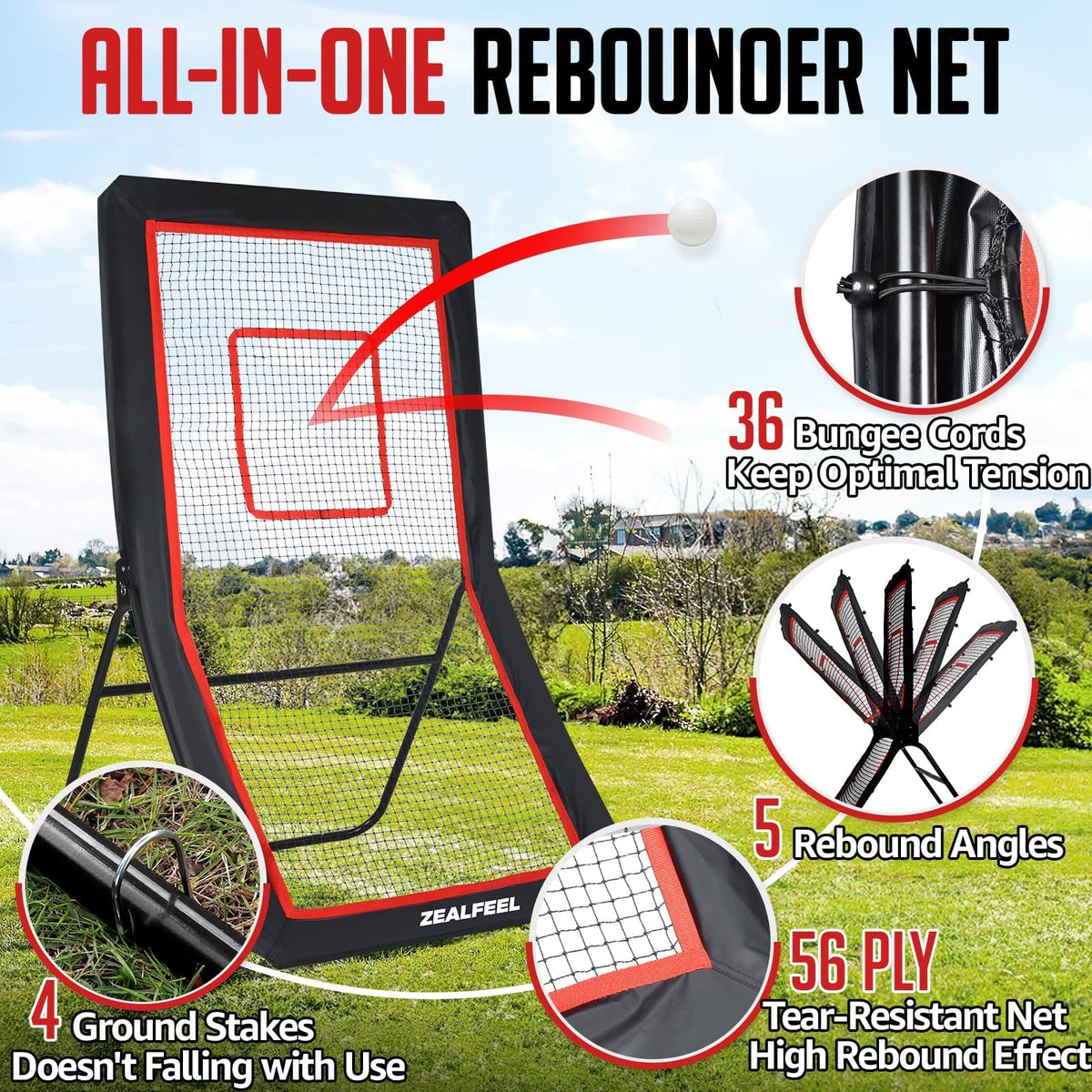 ZEALFEEL Lacrosse Rebounder with 5 Adjustable Angles, 4x6FT/4x7FT